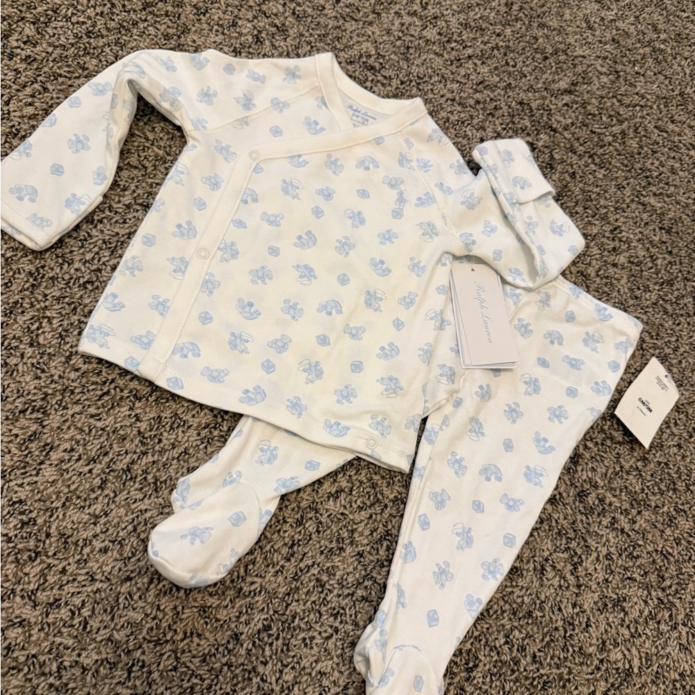 Ralph Lauren  Blue and White Floral Footed Baby Set